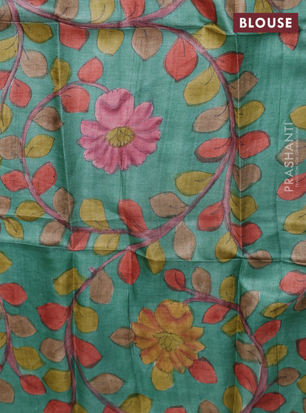 Tussar hand painted blouse bits green shade with allover kalamkari prints