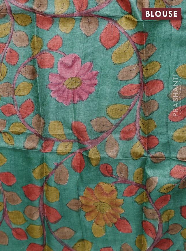 Tussar hand painted blouse bits green shade with allover kalamkari prints