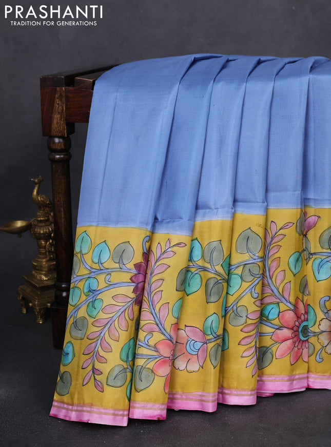 Pure soft silk saree pastel blue and yellow with plain body and kalamkari hand painted border & pallu
