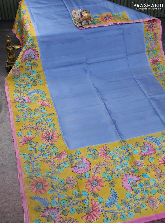 Pure soft silk saree pastel blue and yellow with plain body and kalamkari hand painted border & pallu