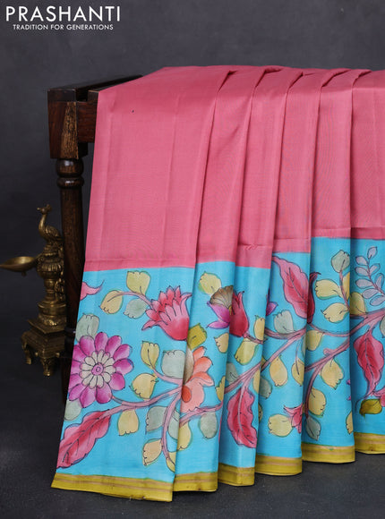 Pure soft silk saree pink shade and light blue with plain body and kalamkari hand painted border & pallu
