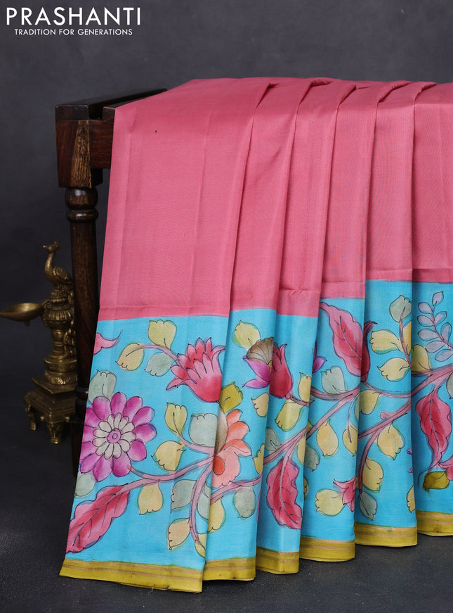 Pure soft silk saree pink shade and light blue with plain body and kalamkari hand painted border & pallu