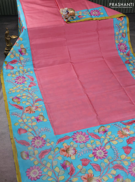 Pure soft silk saree pink shade and light blue with plain body and kalamkari hand painted border & pallu