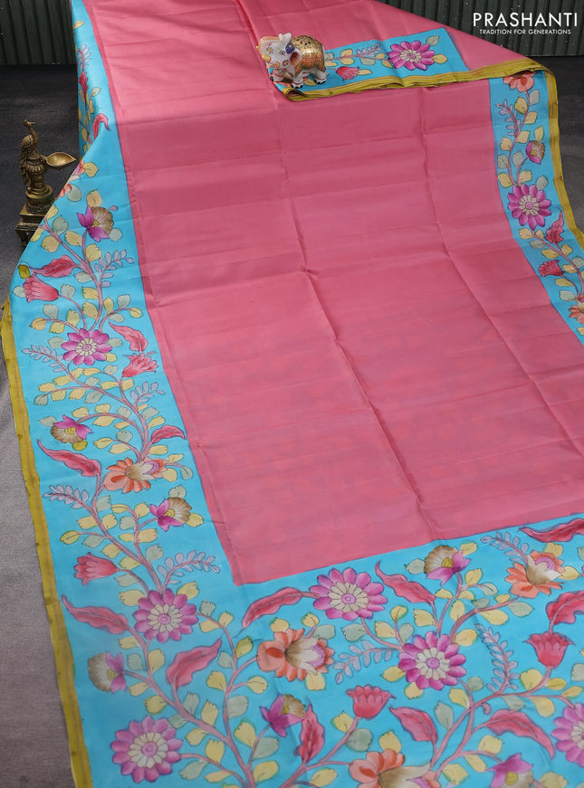 Pure soft silk saree pink shade and light blue with plain body and kalamkari hand painted border & pallu