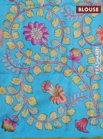 Pure soft silk saree pink shade and light blue with plain body and kalamkari hand painted border & pallu