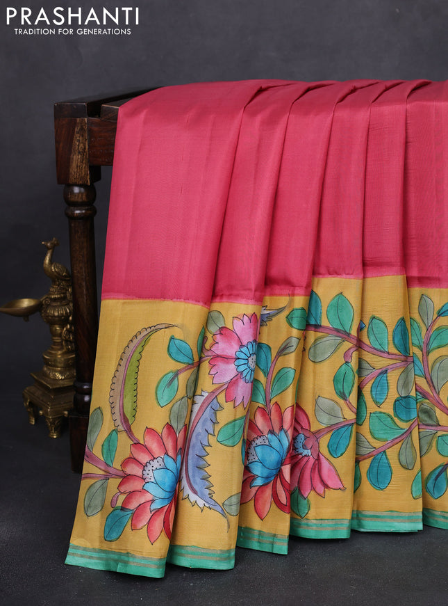Pure soft silk saree pink shade and yellow with plain body and kalamkari hand painted border & pallu