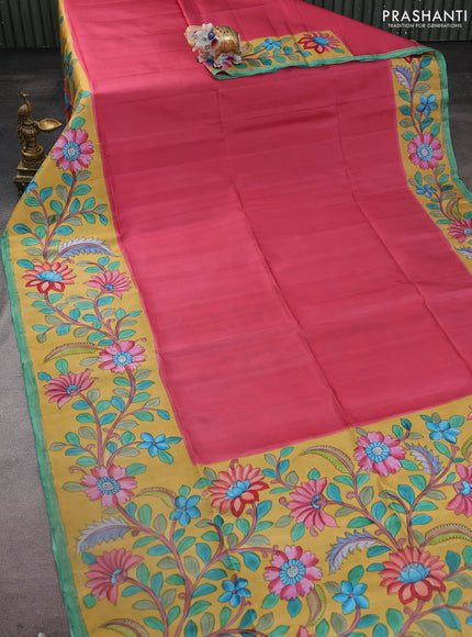 Pure soft silk saree pink shade and yellow with plain body and kalamkari hand painted border & pallu