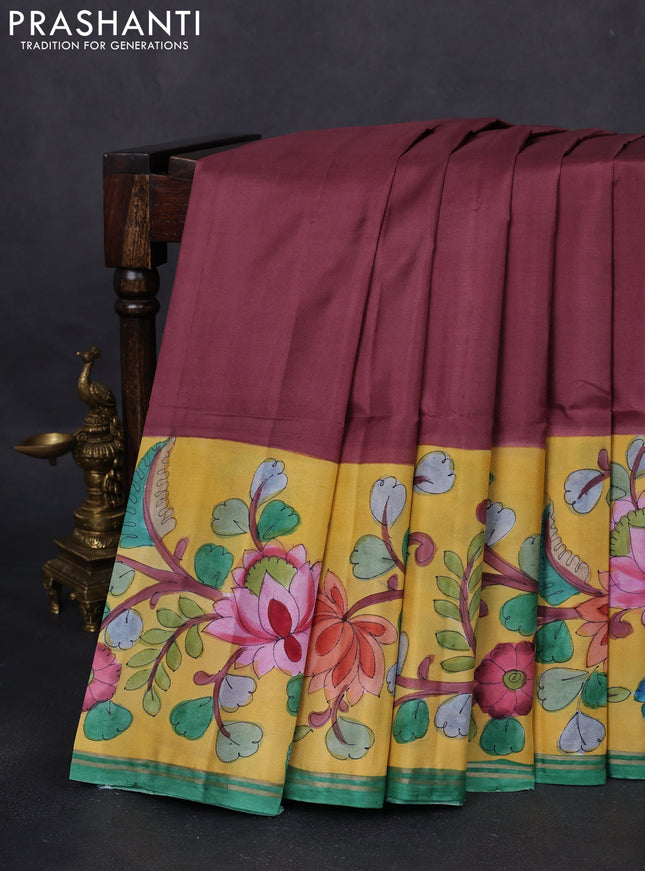 Pure soft silk saree brown and yellow with plain body and kalamkari hand painted border & pallu