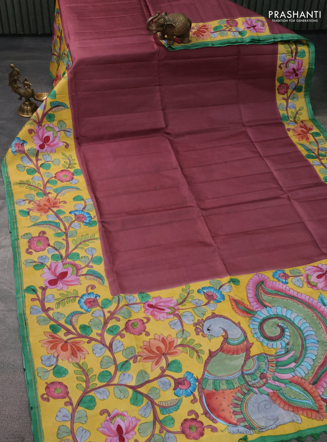 Pure soft silk saree brown and yellow with plain body and kalamkari hand painted border & pallu