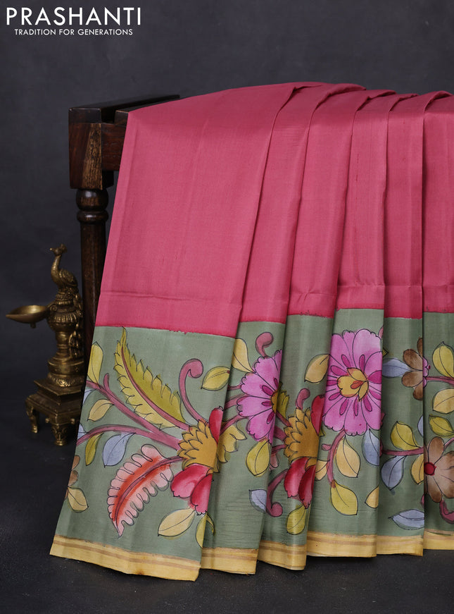 Pure soft silk saree dark peach and pastel green with plain body and kalamkari hand painted border & pallu