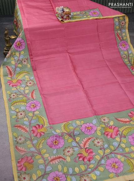 Pure soft silk saree dark peach and pastel green with plain body and kalamkari hand painted border & pallu