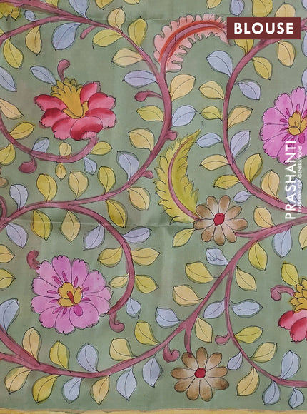 Pure soft silk saree dark peach and pastel green with plain body and kalamkari hand painted border & pallu