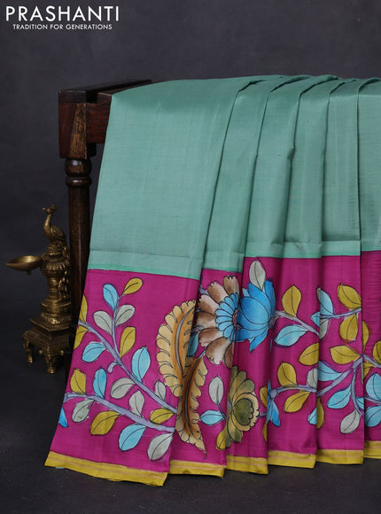 Pure soft silk saree teal green and purple with plain body and kalamkari hand painted border & pallu