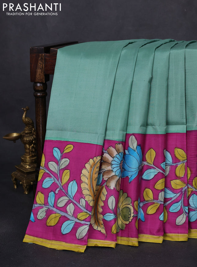 Pure soft silk saree teal green and purple with plain body and kalamkari hand painted border & pallu