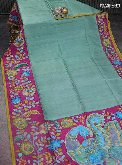 Pure soft silk saree teal green and purple with plain body and kalamkari hand painted border & pallu