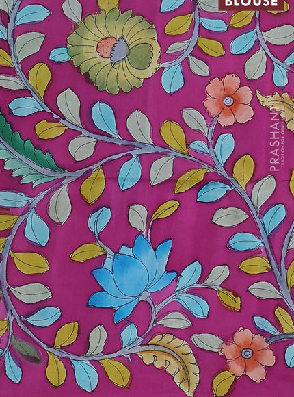 Pure soft silk saree teal green and purple with plain body and kalamkari hand painted border & pallu