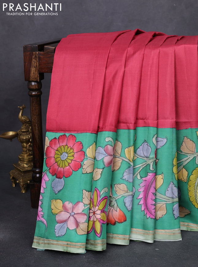 Pure soft silk saree pink shade and green with plain body and kalamkari hand painted border & pallu