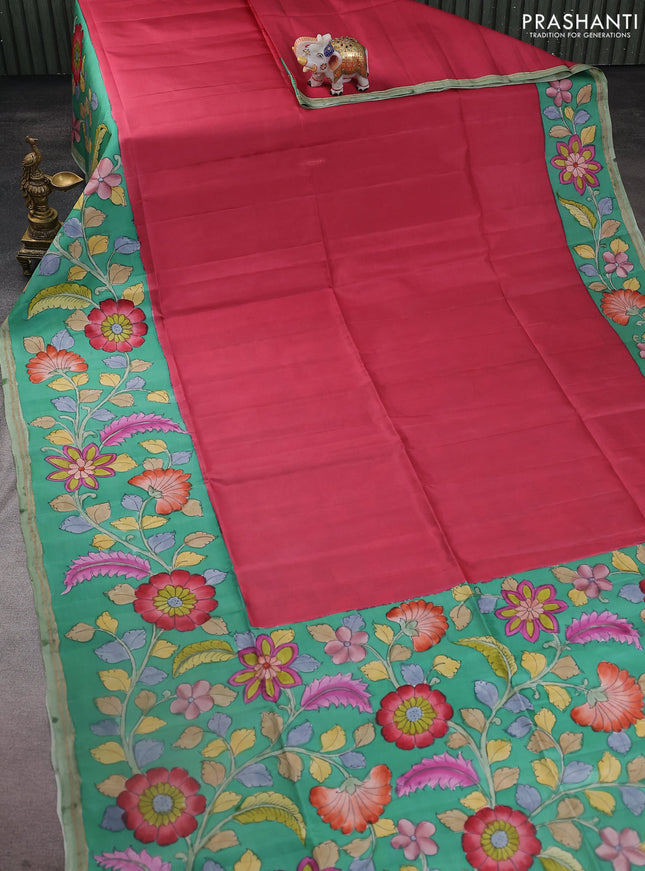 Pure soft silk saree pink shade and green with plain body and kalamkari hand painted border & pallu