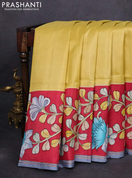 Pure soft silk saree mustard shade and maroon with plain body and kalamkari hand painted border & pallu