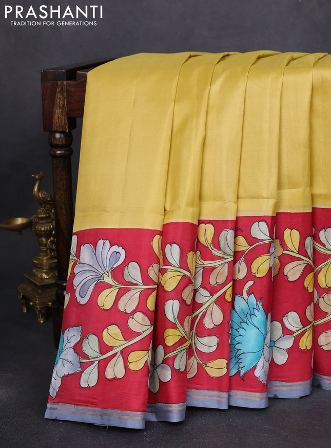 Pure soft silk saree mustard shade and maroon with plain body and kalamkari hand painted border & pallu