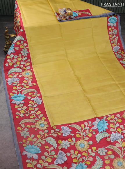 Pure soft silk saree mustard shade and maroon with plain body and kalamkari hand painted border & pallu