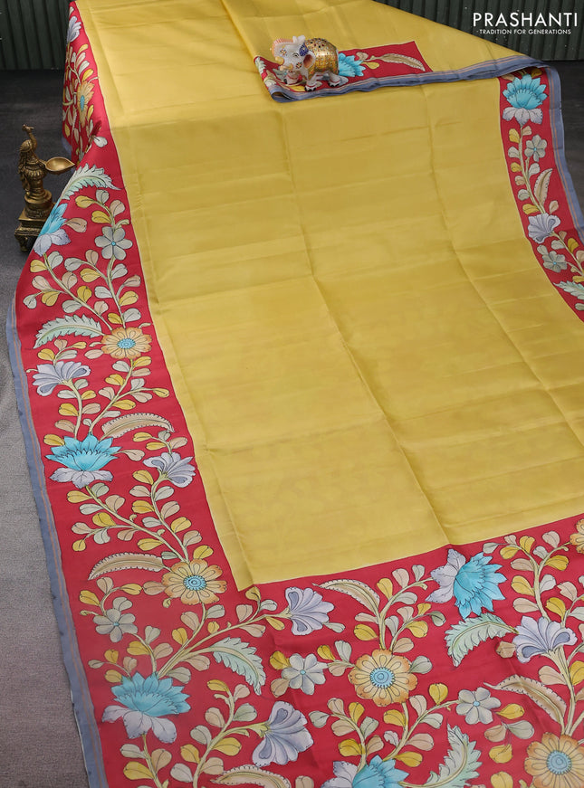 Pure soft silk saree mustard shade and maroon with plain body and kalamkari hand painted border & pallu