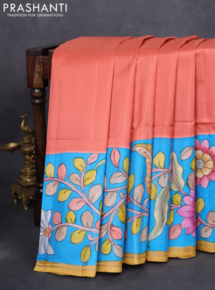 Pure soft silk saree peach shade and cs blue with plain body and kalamkari hand painted border & pallu