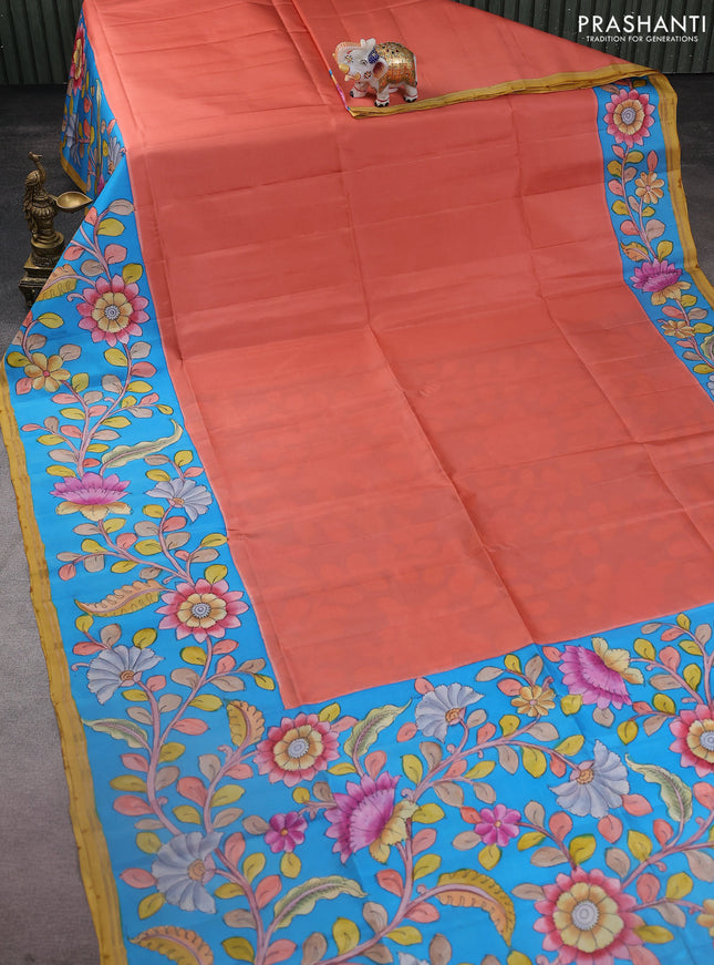 Pure soft silk saree peach shade and cs blue with plain body and kalamkari hand painted border & pallu