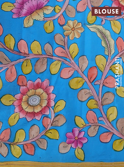 Pure soft silk saree peach shade and cs blue with plain body and kalamkari hand painted border & pallu