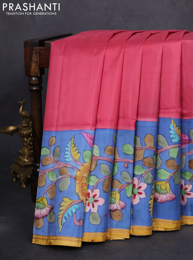 Pure soft silk saree dark peach and blue with plain body and kalamkari hand painted border & pallu
