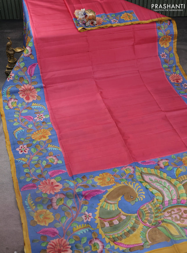 Pure soft silk saree dark peach and blue with plain body and kalamkari hand painted border & pallu