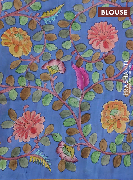 Pure soft silk saree dark peach and blue with plain body and kalamkari hand painted border & pallu