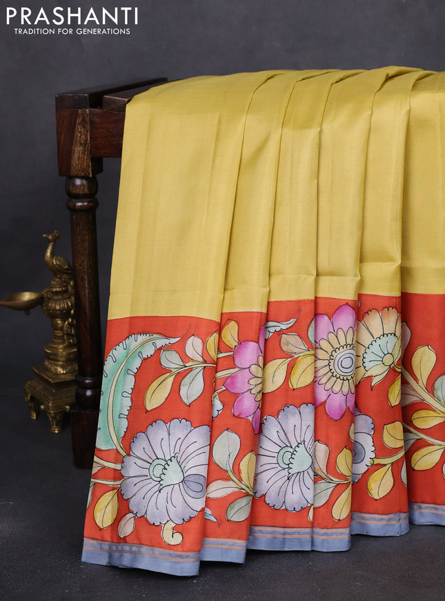 Pure soft silk saree mustard shade and orange with plain body and kalamkari hand painted border & pallu