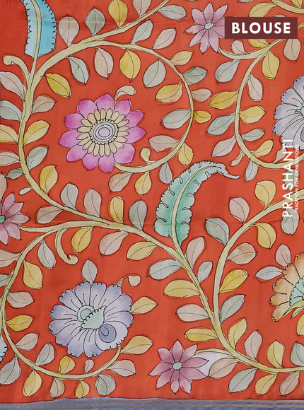 Pure soft silk saree mustard shade and orange with plain body and kalamkari hand painted border & pallu