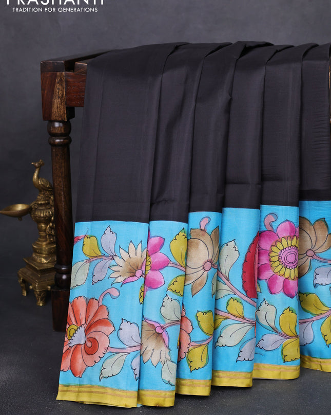 Pure soft silk saree black and light green with plain body and kalamkari hand painted pallu