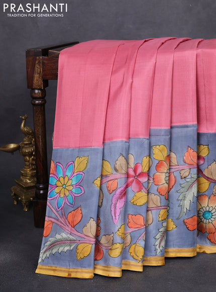 Pure soft silk saree dark peach and grey with plain body and kalamkari hand painted border & pallu