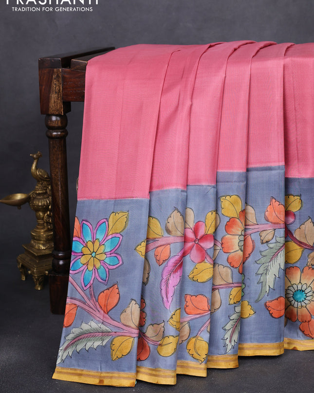Pure soft silk saree dark peach and grey with plain body and kalamkari hand painted pallu