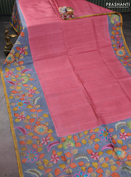 Pure soft silk saree dark peach and grey with plain body and kalamkari hand painted border & pallu