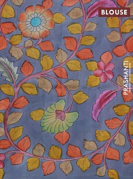 Pure soft silk saree dark peach and grey with plain body and kalamkari hand painted border & pallu