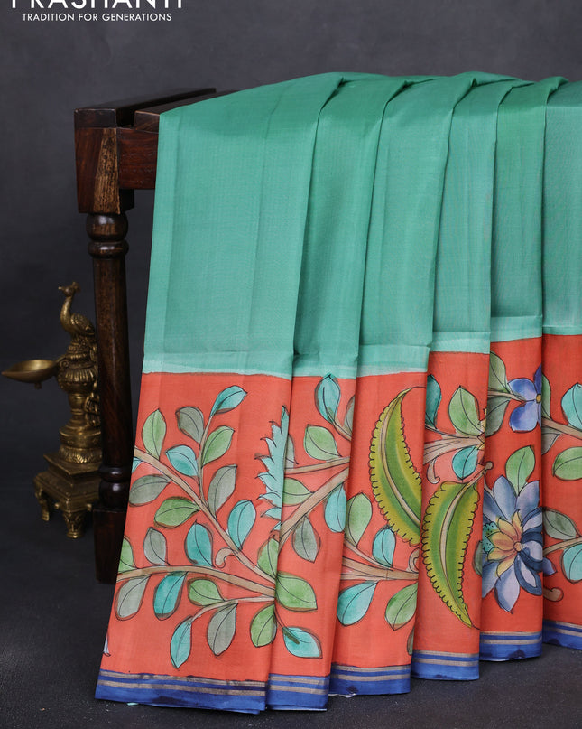 Pure soft silk saree teal green and rust shade with plain body and kalamkari hand painted pallu