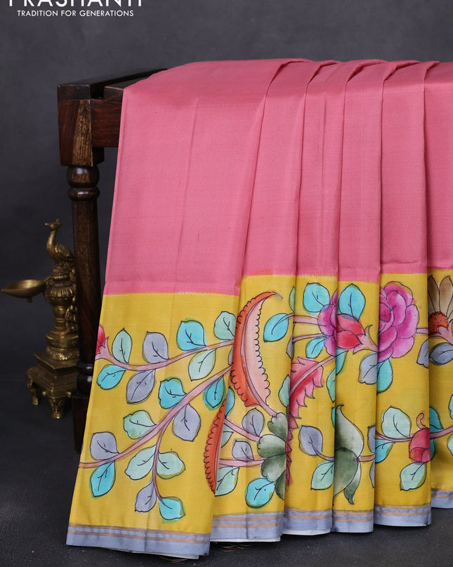 Pure soft silk saree dark peach and yellow with plain body and kalamkari hand painted pallu