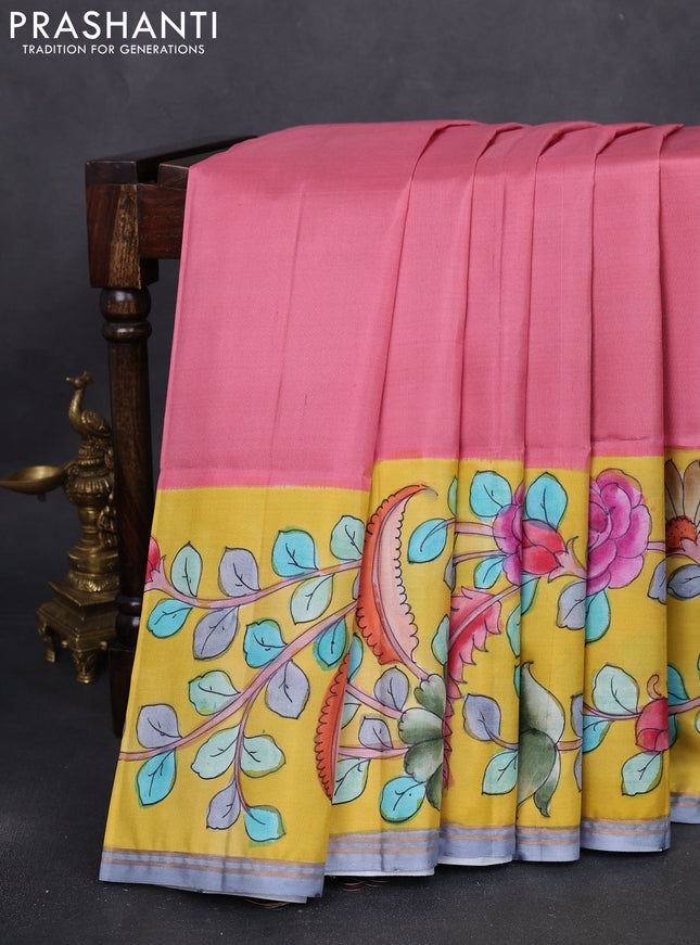 Pure soft silk saree dark peach and yellow with plain body and kalamkari hand painted border & pallu