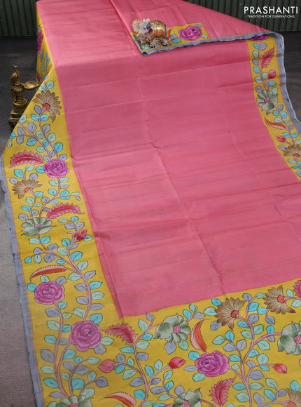 Pure soft silk saree dark peach and yellow with plain body and kalamkari hand painted border & pallu