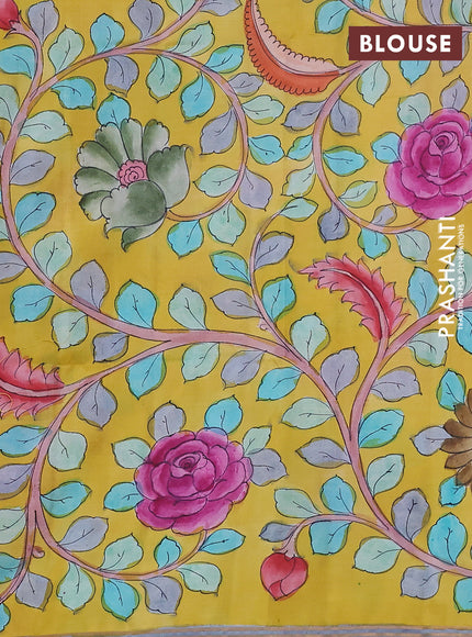 Pure soft silk saree dark peach and yellow with plain body and kalamkari hand painted border & pallu