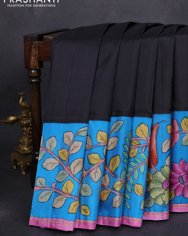 Pure soft silk saree black and cs blue with plain body and kalamkari hand painted pallu