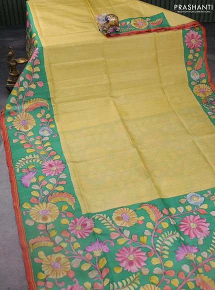 Pure soft silk saree mustard shade and green with plain body and kalamkari hand painted border & pallu