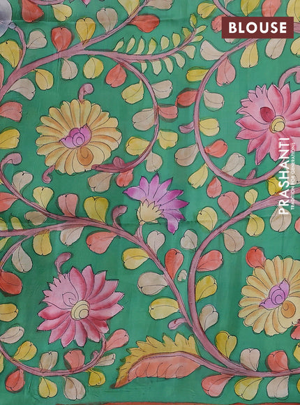 Pure soft silk saree mustard shade and green with plain body and kalamkari hand painted border & pallu