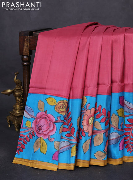 Pure soft silk saree dark peach and cs blue with plain body and kalamkari hand painted border & pallu