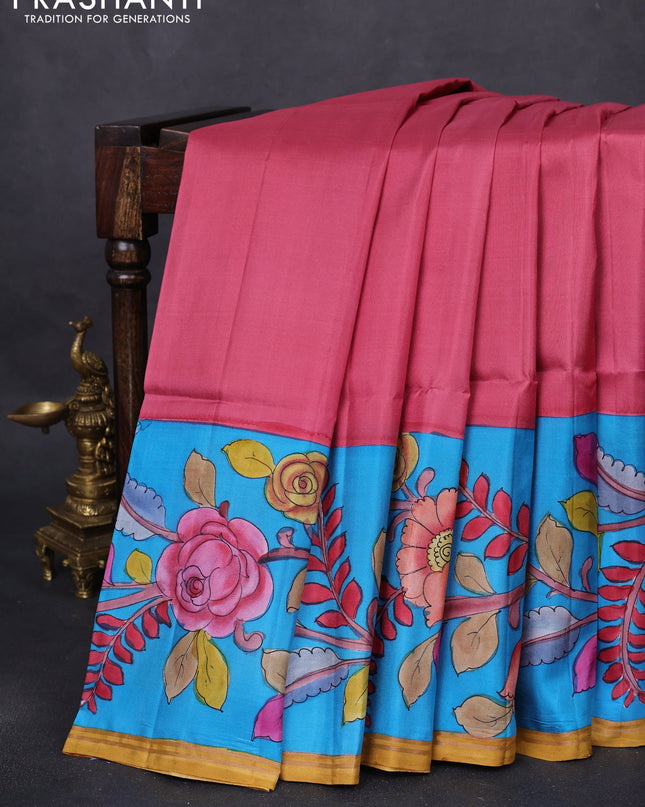 Pure soft silk saree dark peach and cs blue with plain body and kalamkari hand painted pallu
