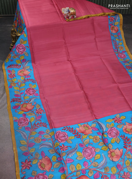 Pure soft silk saree dark peach and cs blue with plain body and kalamkari hand painted border & pallu